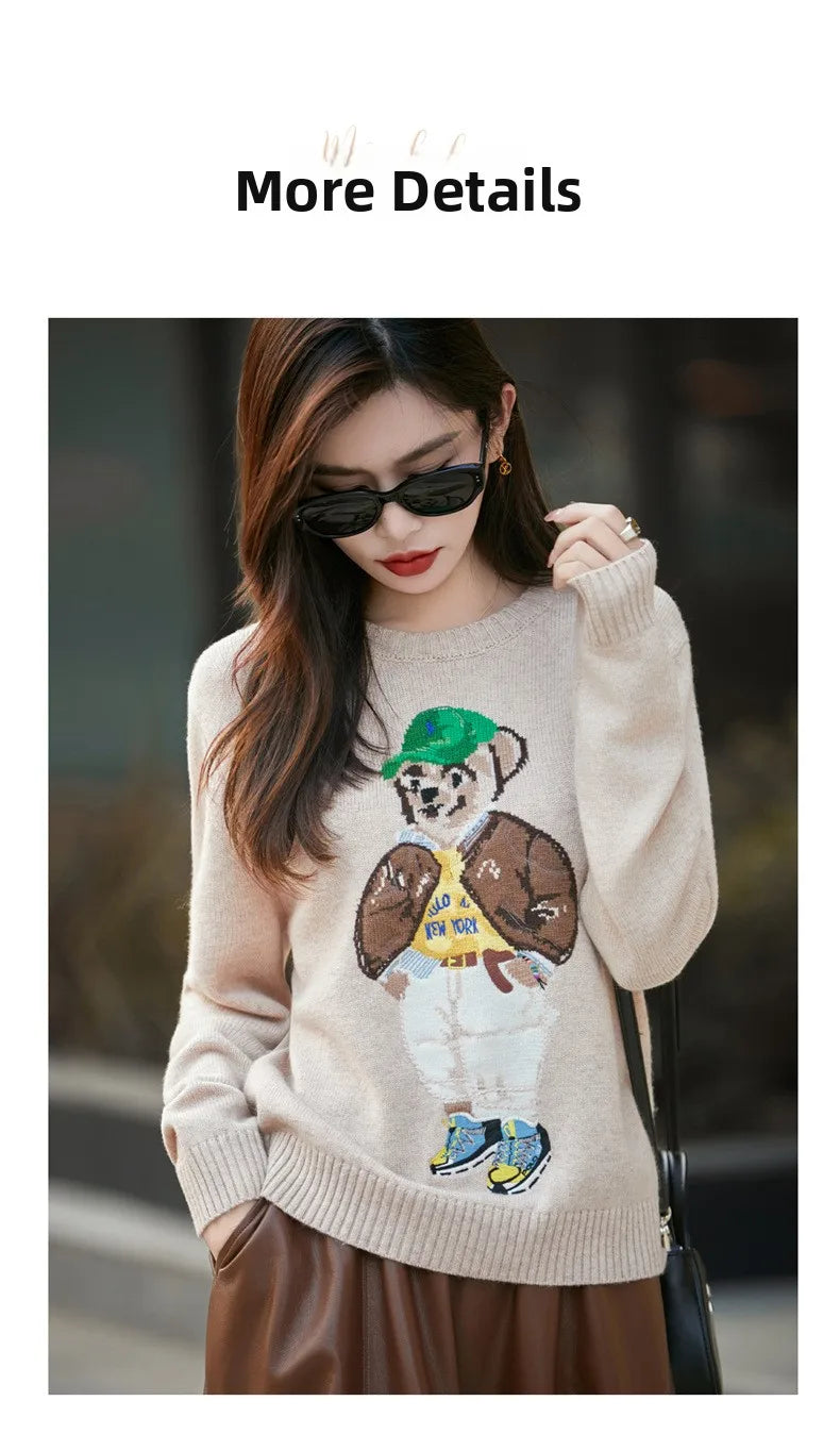 Thickened Woolen Knitted Sweater round Neck Embroidery Cartoon Bear Women's Base Shirt Autumn Winter New Style Premium Spun Wool