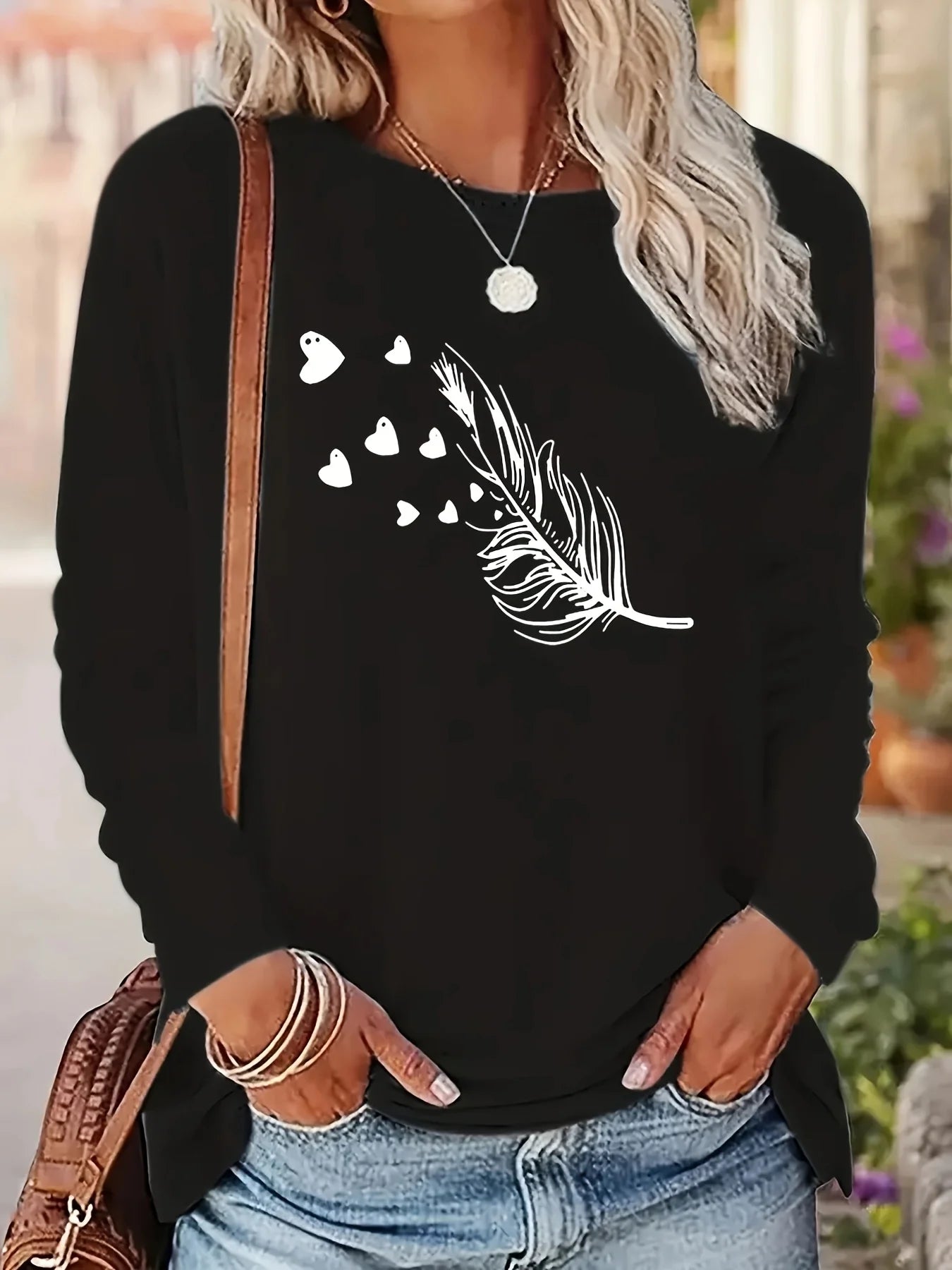 Faith Print Crew Neck T shirt Casual Long Autumn winter top women's long sleeved T-shirt loose comfortable black  white