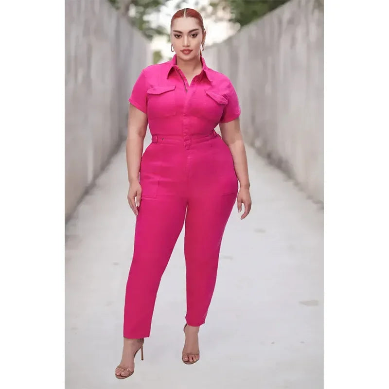 Fashion Jeans Plus Size Denim Jump Suits for Women Slim Short Sleeve Turn Down Collar Overalls Rompers Female One-piece Pants