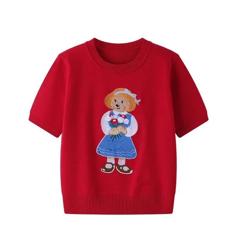 European Style Luxury Brand Loose O-Neck Bear Pullover Tops Knitwear Woman Short Sleeve T-shirt Ladies Wool Knitted Sweater