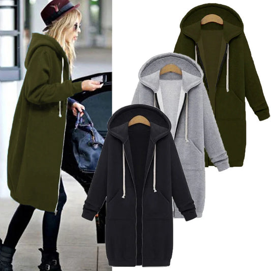 Hoodies Women  ThickenHoodies Parkas Loose Hooded Jackets Zipper Pocket Maxi Size Sweatshirt Sports Dresses Outwear