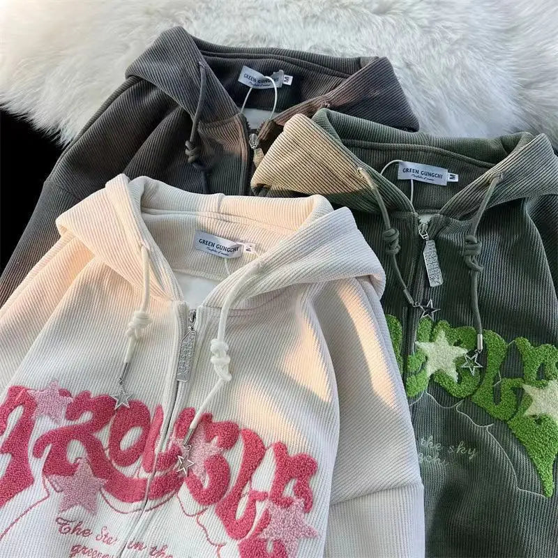 Hoodies Women Fashion Embroidery Zip Up Autumn Long Sleeve Tops Loose Hood Shirt Harajuku Y2K Clothes Female Sweatshirt Jacket