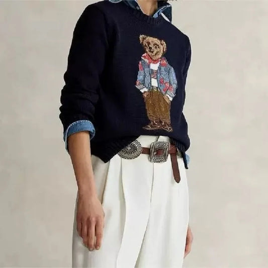 Embroidered loose Women's Knitted Sweater Pure Cotton Cartoon Bear High Quality Autumn and Winter Sweater Christmas Atmosphere