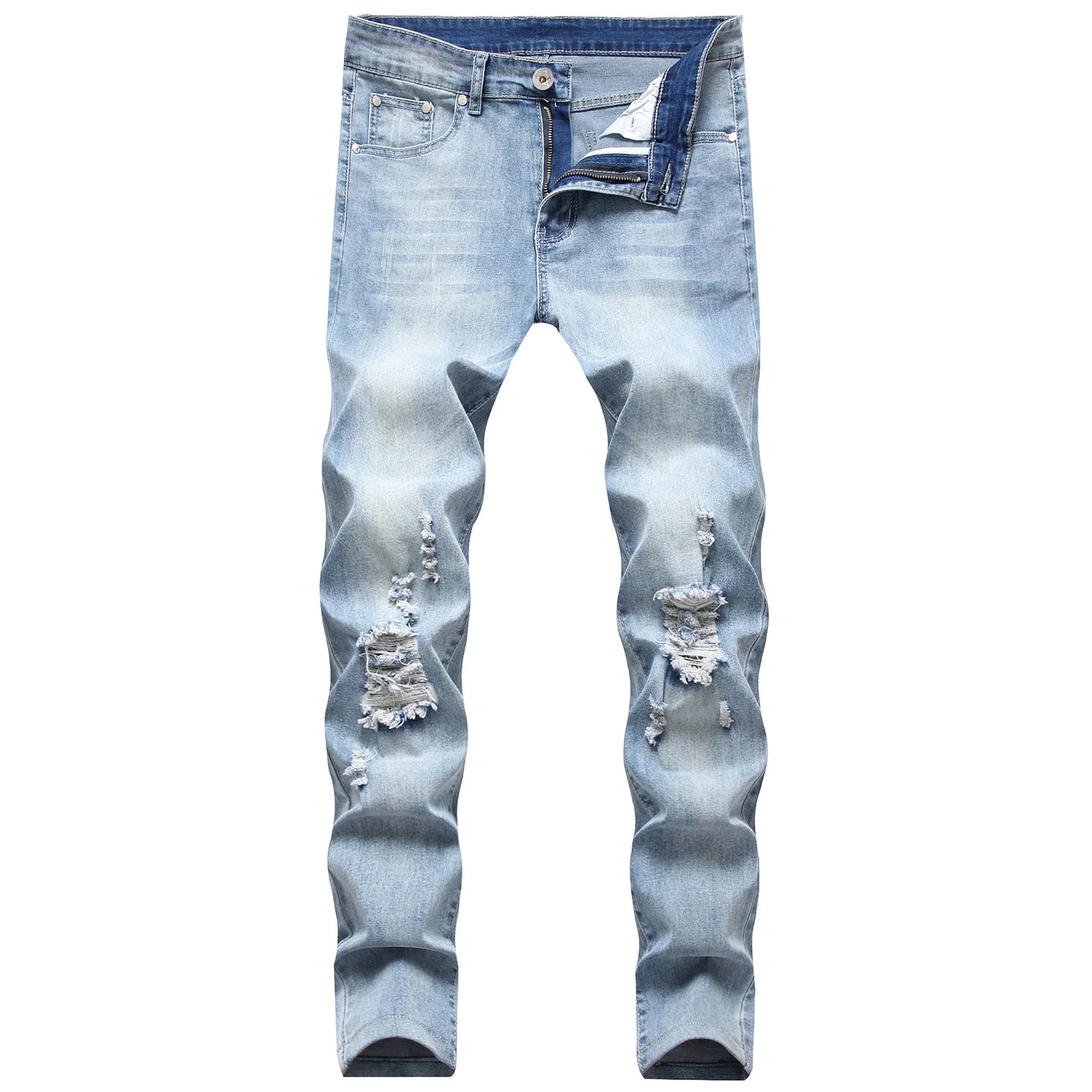 Men Vintage Wash Solid Denim Trouser Mens Casual Slim Fit Pencil Denim Holes Pants 2024