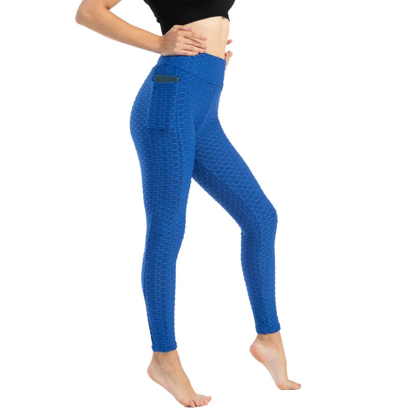 Leggings Women Fashion Pocket Bubble Pants Stretchy Slim Leggings Gym Running Cycling Fitness Pants High Waist Hip Lift Leggings Female