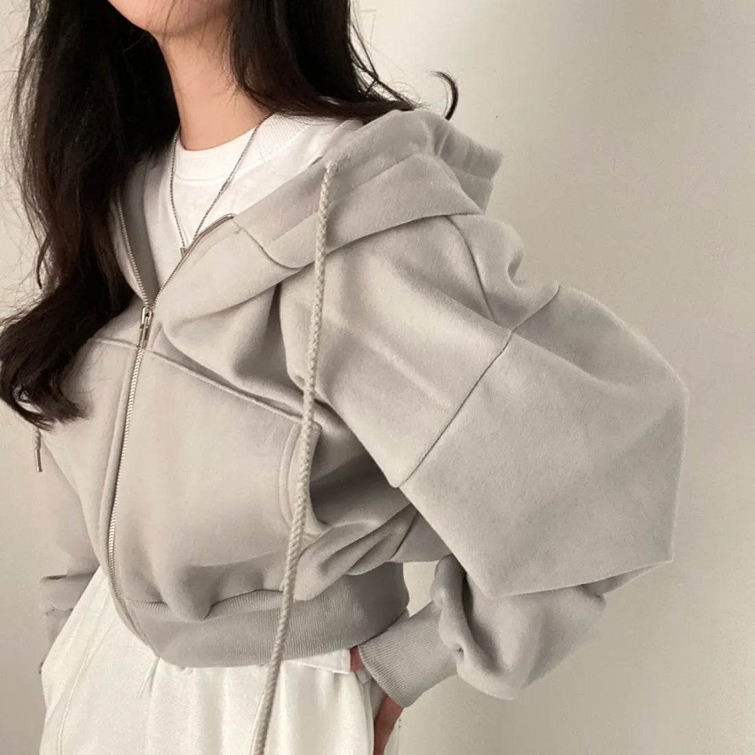 Hoodies Women ,Casual Hood Sweatshirt Women Y2K Zip Up Hoodies Solid Harajuku Long Sleeve Shirt Oversized Crop Tops Female Loose Jackets Coat