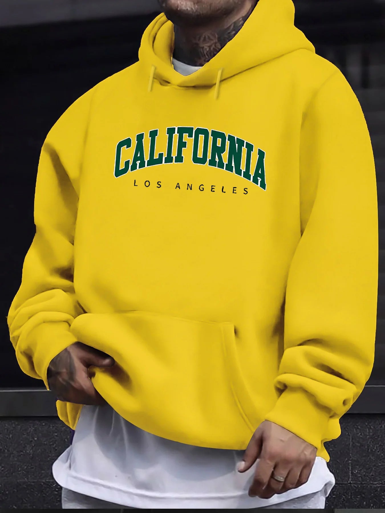 Men's autumn and winter casual fashion loose hooded sweatshirt California Los Angeles letter printed long sleeved warm pullover