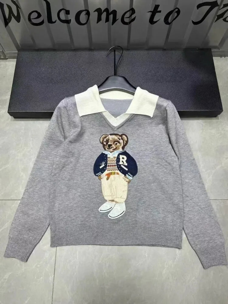 High Quality French Knitted Sweater Women Bear Cartoon Embroidery Long Sleeve Pullover Tops Jumper Korean Fashion Ladies Clothes