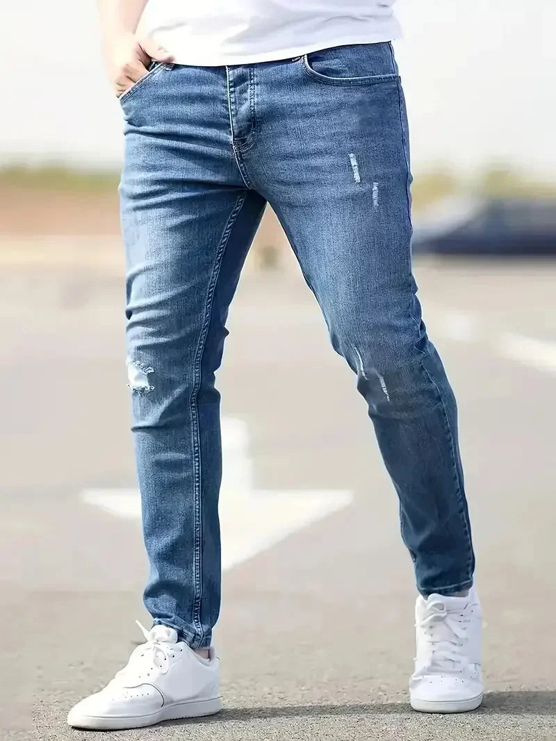 Men's Stretch Slim Fit Jeans Zipper Casual Streetwear Pants Classic Black Blue Skinny Trousers Designer Denim Clothes