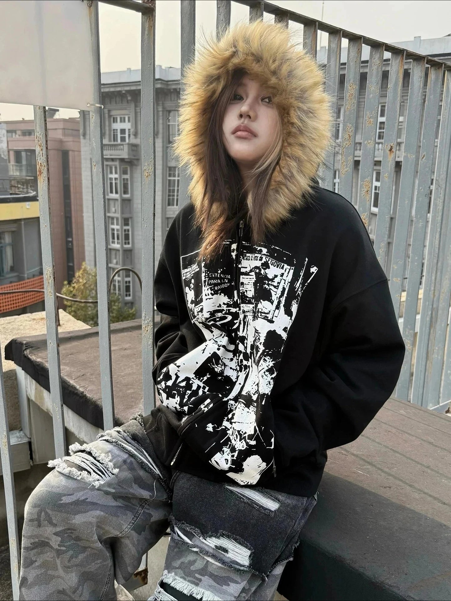 Hoodies Women Vintage Sweatshirts 2025 Women's Clothes White Print Tunic Hooded Y2k Coat Streetwear Fashion Casual Hoodies Tops Ropa Mujer