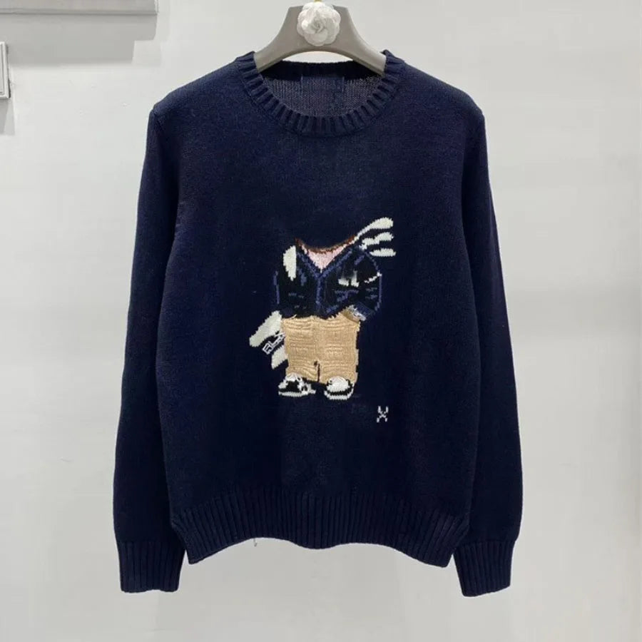 Soft Cotton Knit Sweater Women's Bear Embroidery Round Neck Top Autumn Winter Comfortable Wear Casual Embroidery Pullover
