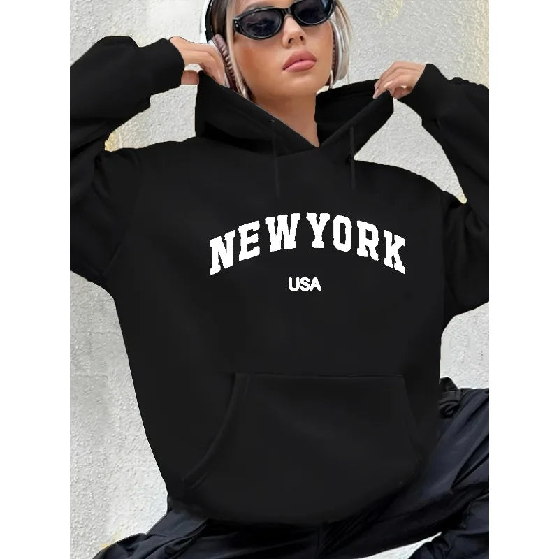 Women's Autumn and Winter Warm and Loose Casual New York USA Letter Printed Suede Long Sleeved Hooded Sweatshirt