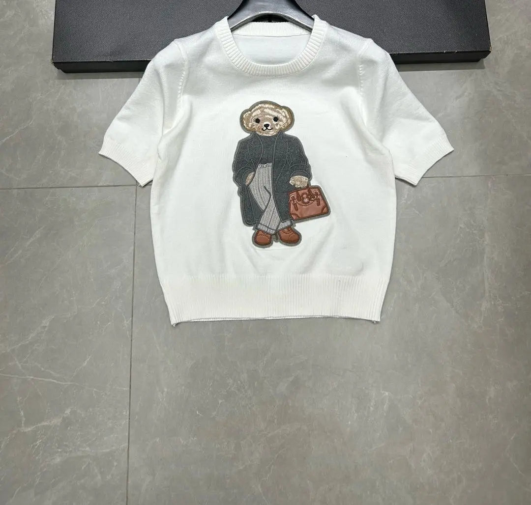 European Style Luxury Brand Loose O-Neck Bear Pullover Tops Knitwear Woman Short Sleeve T-shirt Ladies Wool Knitted Sweater