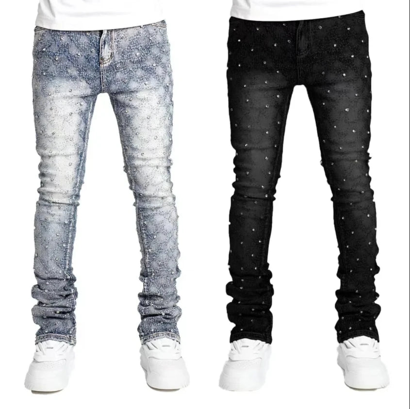 Men and women Harajuku Gothic retro rhinestone retro blue loose jeans pants high waisted wide leg pants
