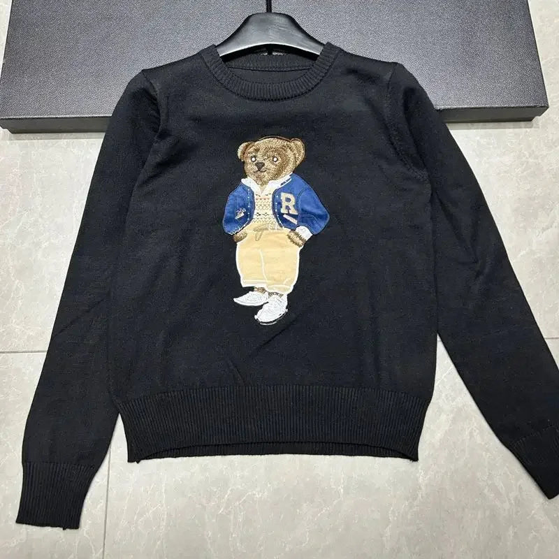 European Style Luxury Loose O-Neck Bear Pullover Women Autumn Winter Fashion Womens Tops Casual Ladies Knitted T-shirt Sweater