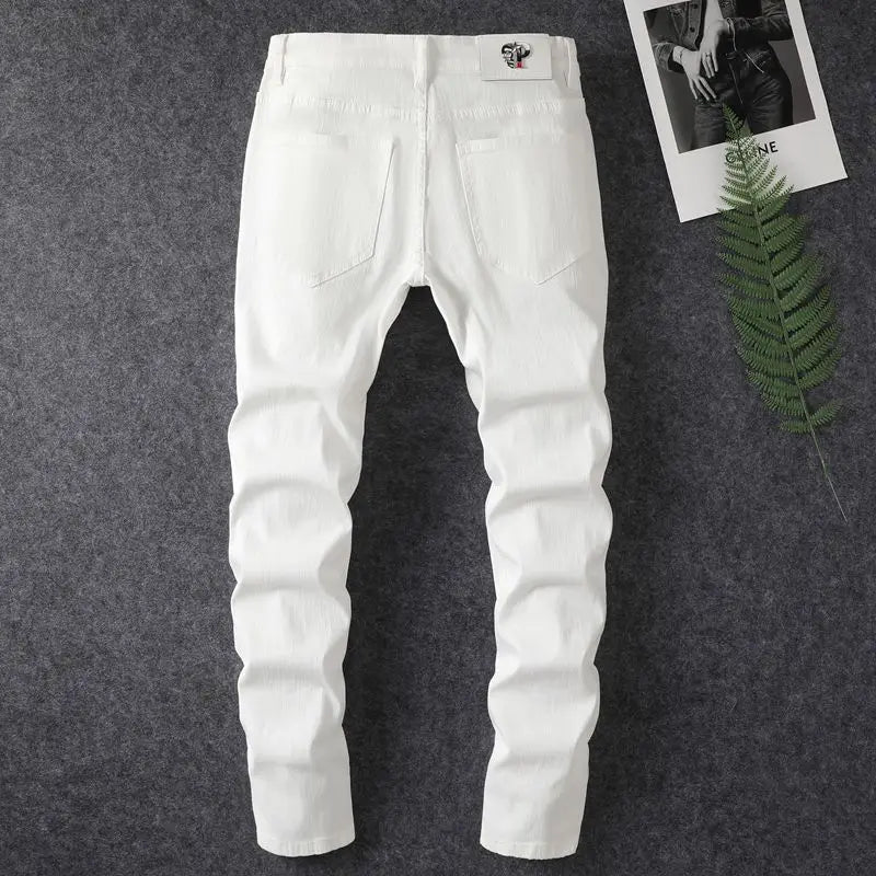 men's white distressed hot drilling jeans slim fit stylish American high street trendy jeans