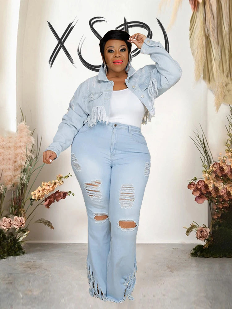 Pus Size  Ladies Jeans High Waist Woman Tassel Vintage Jeans Ripped Plus Size Fashion Elegant Flared Jeans Wholesale Dropshipping