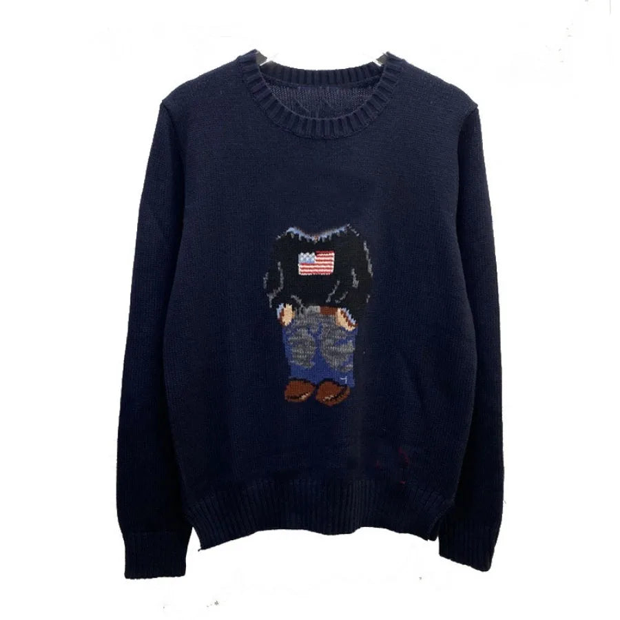 Soft Cotton Knit Sweater Women's Bear Embroidery Round Neck Top Autumn Winter Comfortable Wear Casual Embroidery Pullover