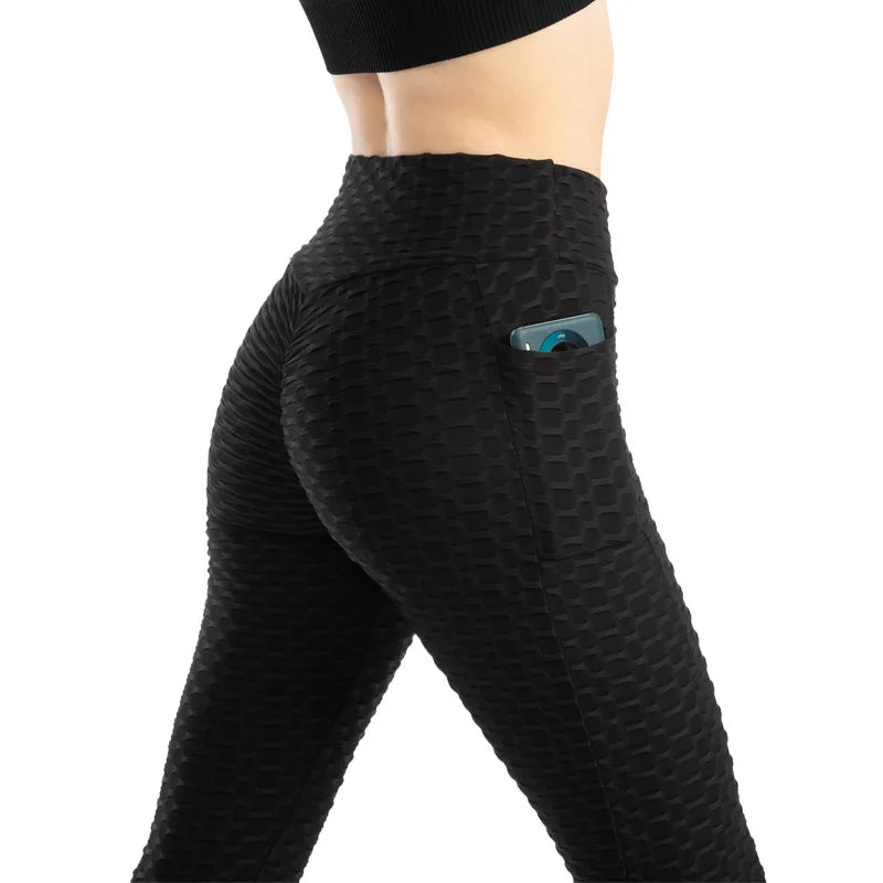Leggings Women Fashion Pocket Bubble Pants Stretchy Slim Leggings Gym Running Cycling Fitness Pants High Waist Hip Lift Leggings Female