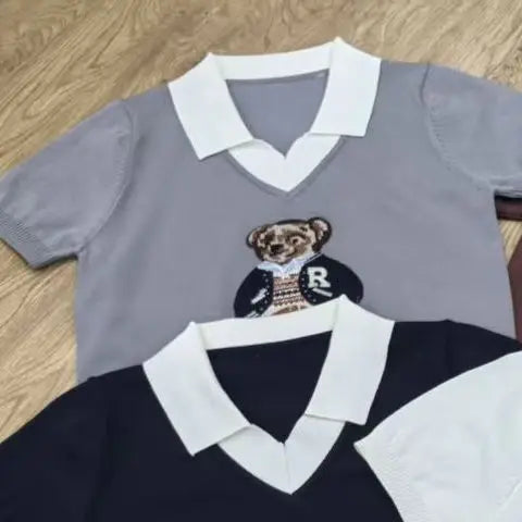 French Style Cartoon Bear Thin Knit Pullover Women Summer Short Sleeve Sweater Jumper Cropped Tops Fashion Women's Polo Shirt