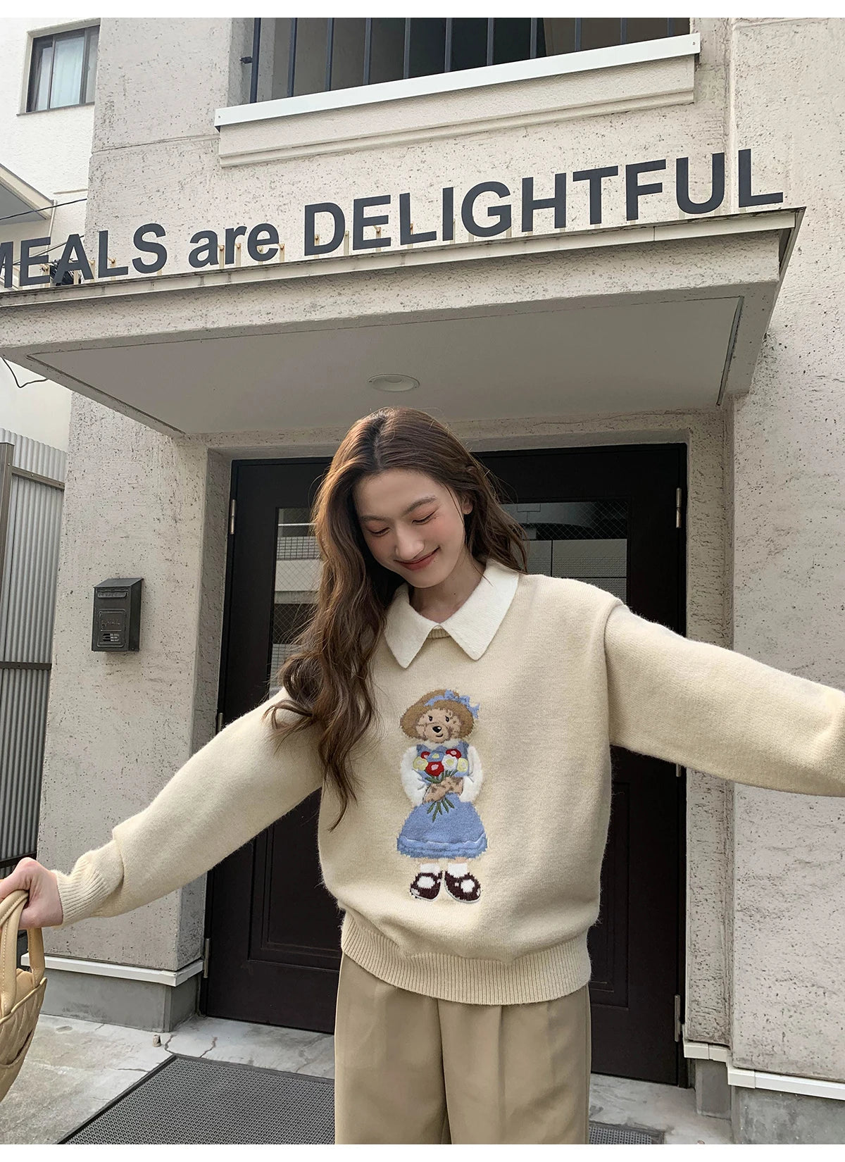 High Quality French Vintage Luxury Bear Jacquard Sweater For Women Autumn New Fashion Korean Casual Loose Pullover Knitted Tops
