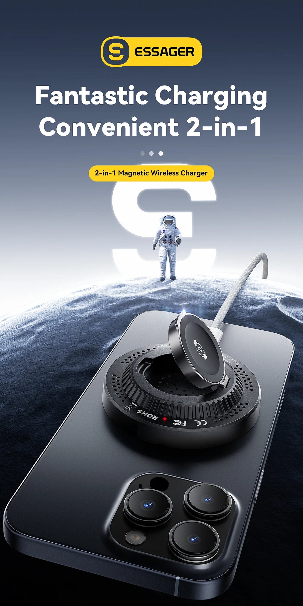Essager 2-in-1 Magnetic Wireless Charger 15W With Holder Portable Fast Charging For iPhone 16 15 14 Pro Max iWatch Huawei Xiaomi
