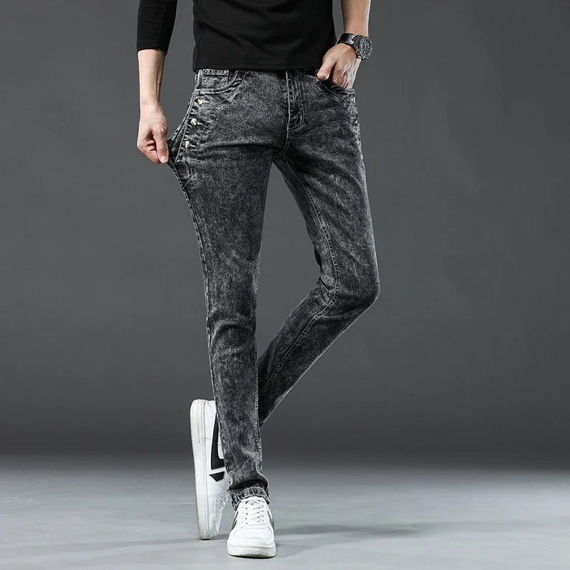 Men's Designer Jeans Snowflake Grey Wash Korean Fashion Stretch Pants Multi-button Denim Trousers
