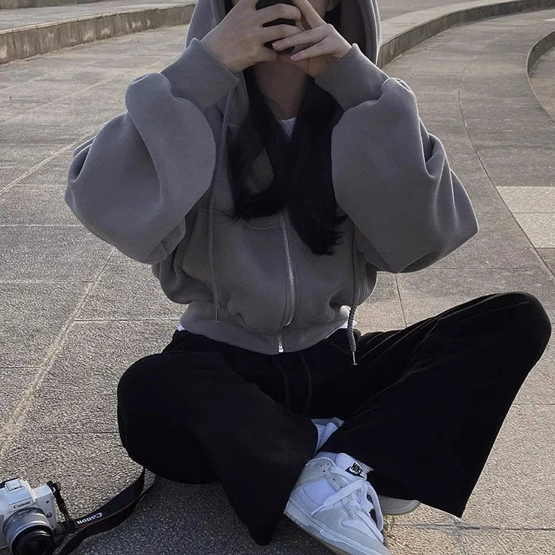 Hoodies Women Casual Streetwear Zip Up Sweatshirts Long Sleeve Jackets Harajuku Y2K Crop Tops Hood Shirt