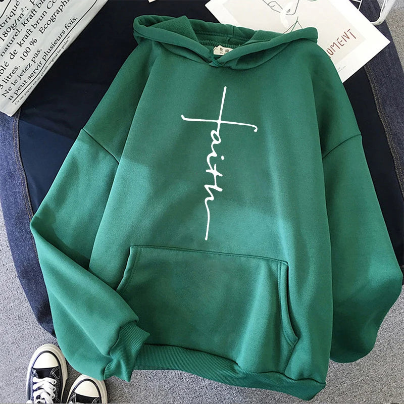 Women'S Fall Winter Hooded Streetwear Faith Print Back Hoodies Casual Drawstring Long Sleeve Kangaroo Pocket Sweatshirt Clothing