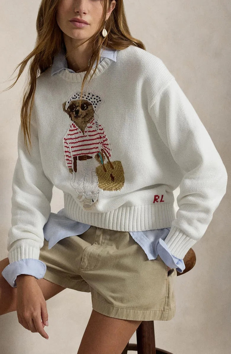 Loose Fit American Casual Long Sleeve Knitted Sweater round Neck White Comfortable Knitwear for Autumn Winter New Arrival