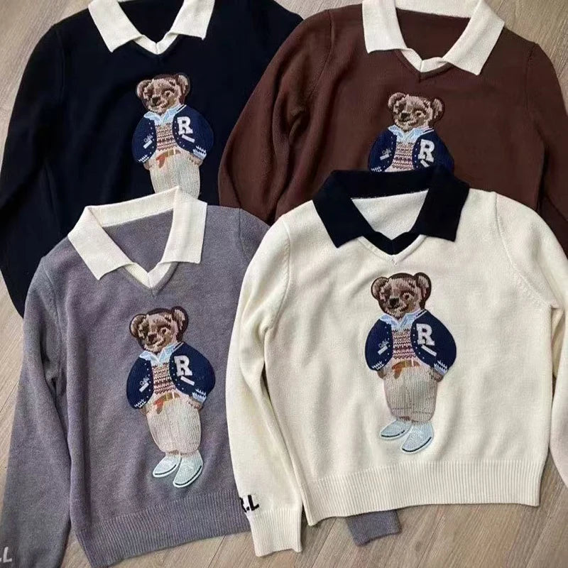 Cartoon Bear Jacquard Knit Pullover Women 2025 New Autumn O-Neck Long Sleeve Female Sweater Korean Fashion Knitwear Jumpers Tops