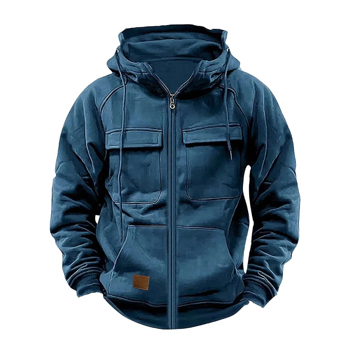 JUMPER Solid-Color Zipper Pullover Hooded Sweater Casual Loose Street-Style Multi-Pocket Hooded Sports Coat