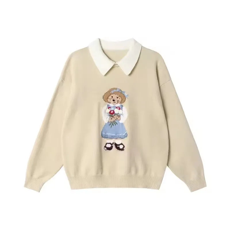 High Street Luxury French Ladies Embroidery Bear Knitted Pullover Sweater For Women Fashion Casual Knitwear Tops Pull Femme