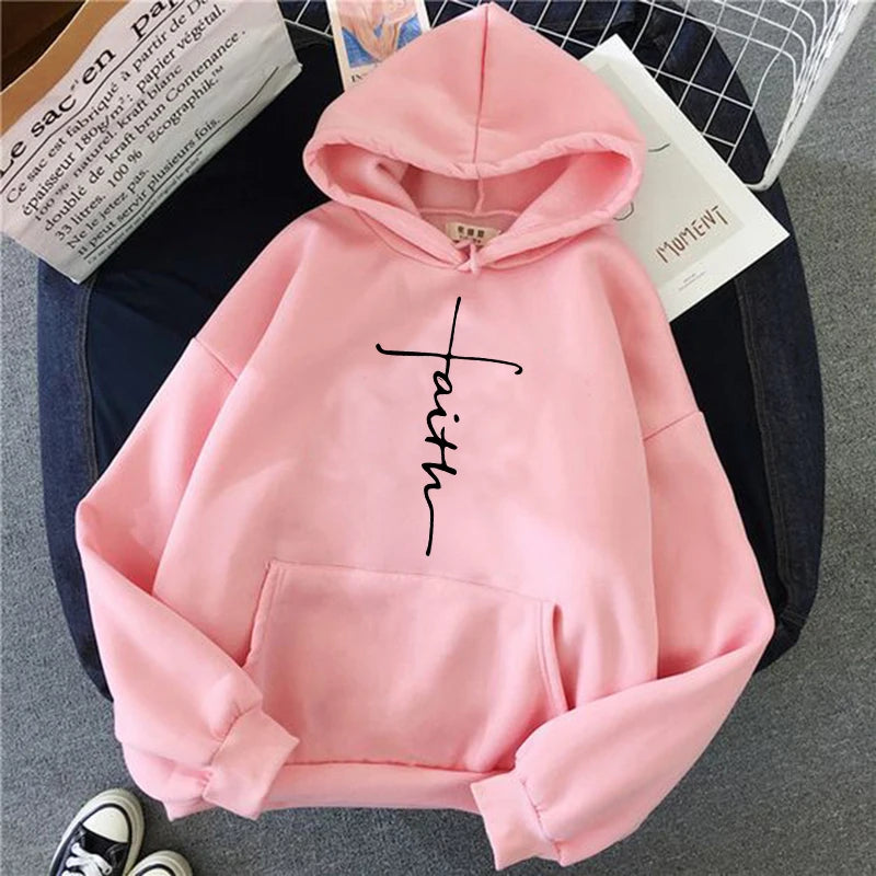 Women'S Fall Winter Hooded Streetwear Faith Print Back Hoodies Casual Drawstring Long Sleeve Kangaroo Pocket Sweatshirt Clothing