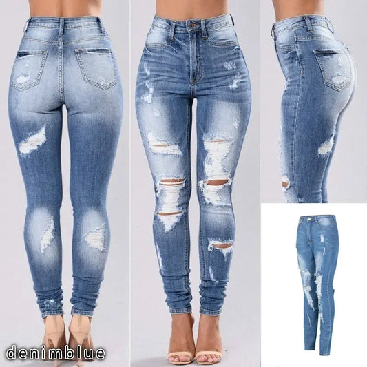 Hot Sale Woman Dark Blue Ripped Jeans Fashion High Waist Skinny Denim Jeans Stretch Slim Pencil Pants S-3XL Drop Shipping