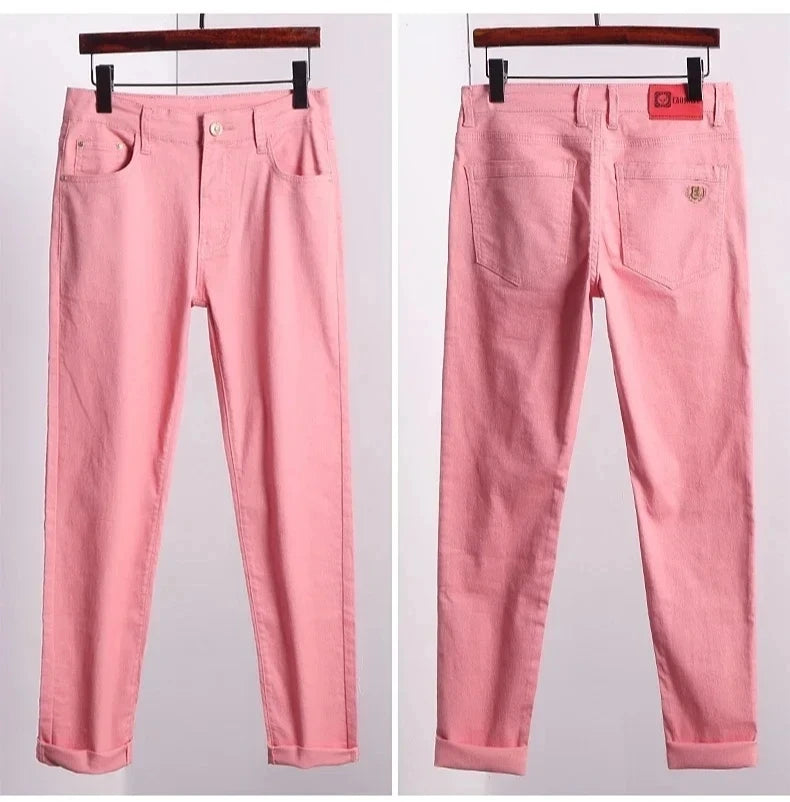 Men's Colorful Denim Stretch Stretch Jeans New Elastic Yellow Pink Red Slim Male Clothing Simple Business Denim Trousers