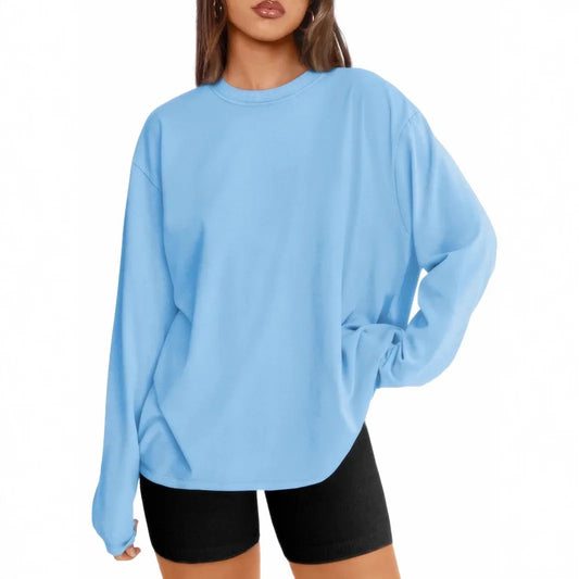 Long Sleeve Crew Neck Solid Color T-Shirt for Women Comfortable Cotton Top Fashionable
