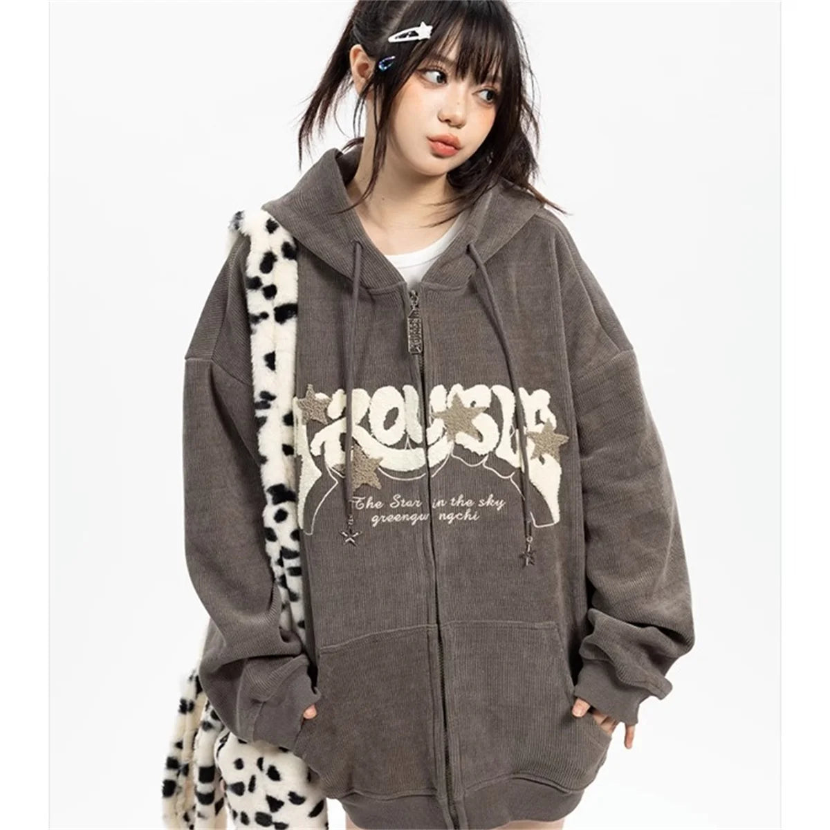 Hoodies Women Fashion Embroidery Zip Up Autumn Long Sleeve Tops Loose Hood Shirt Harajuku Y2K Clothes Female Sweatshirt Jacket