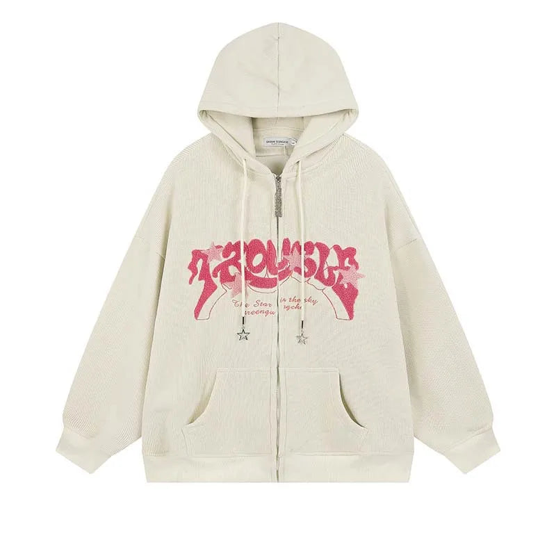 Hoodies Women Fashion Embroidery Zip Up Autumn Long Sleeve Tops Loose Hood Shirt Harajuku Y2K Clothes Female Sweatshirt Jacket