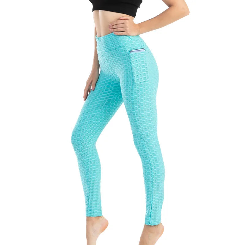 Leggings Women Fashion Pocket Bubble Pants Stretchy Slim Leggings Gym Running Cycling Fitness Pants High Waist Hip Lift Leggings Female