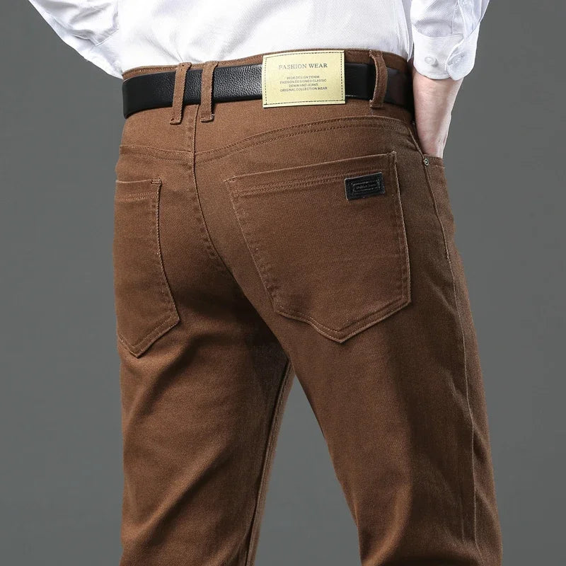 Men's Clothing Slim Jeans Fashion Brown Business Casual Stretch Denim Pants Male Brand Trousers