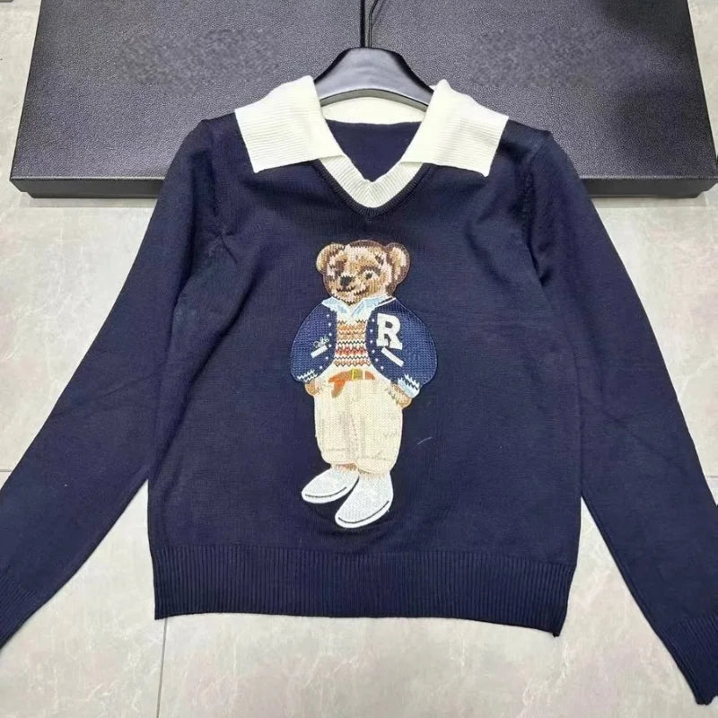 Knitted Sweater Women Design Bear Cartoon Embroidery Long Sleeve Pullover Tops Jumper Autumn