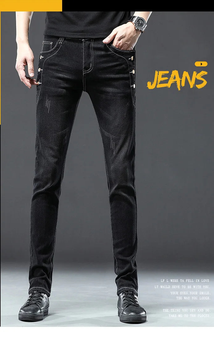 Men's Designer Jeans Snowflake Grey Wash Korean Fashion Stretch Pants Multi-button Denim Trousers