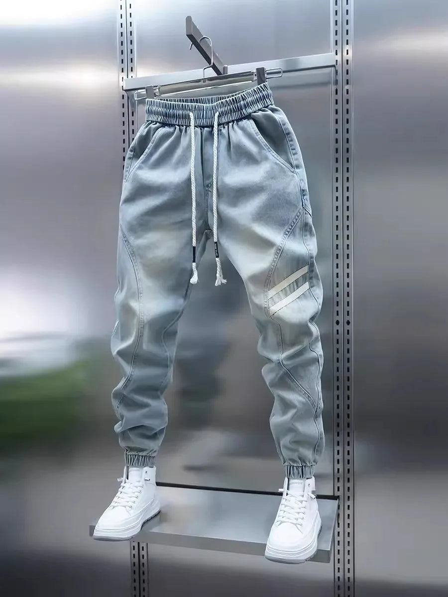 Men's Summer Slim Fit Jeans Light Blue Elastic Waist Patchwork Casual Pants Tapered Leg Jeans Harlan Sle Breathable Comfort...