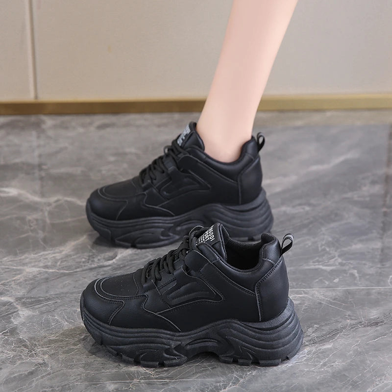 Women Sneakers Lace-Up Thick Bottom Vulcanize Shoes Woman Pu Leather Breathable Sports Shoes Ladies