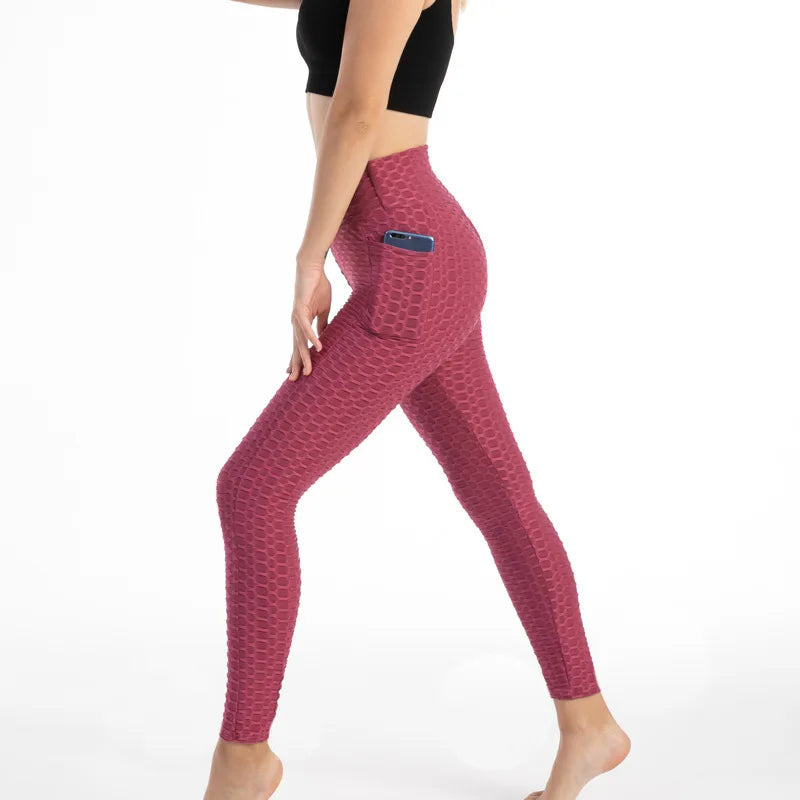 Leggings Women Fashion Pocket Bubble Pants Stretchy Slim Leggings Gym Running Cycling Fitness Pants High Waist Hip Lift Leggings Female