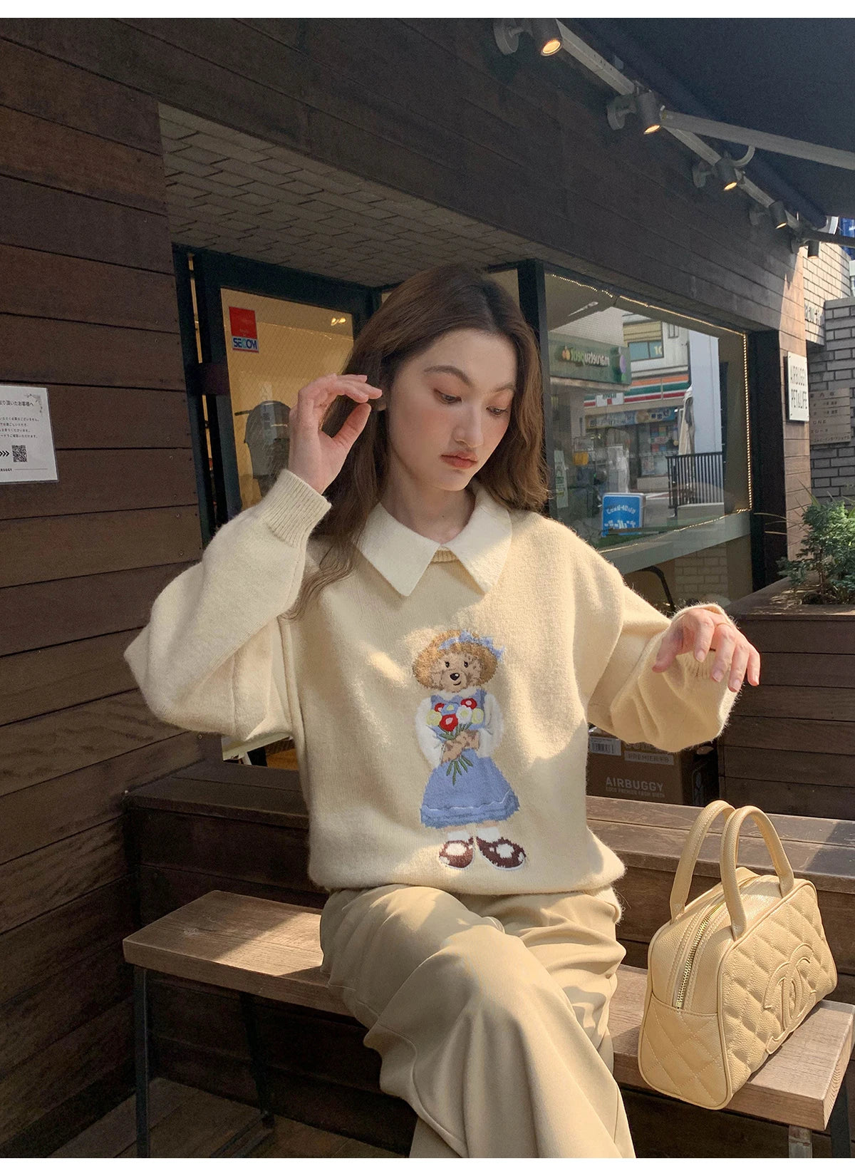 High Quality French Vintage Luxury Bear Jacquard Sweater For Women Autumn New Fashion Korean Casual Loose Pullover Knitted Tops