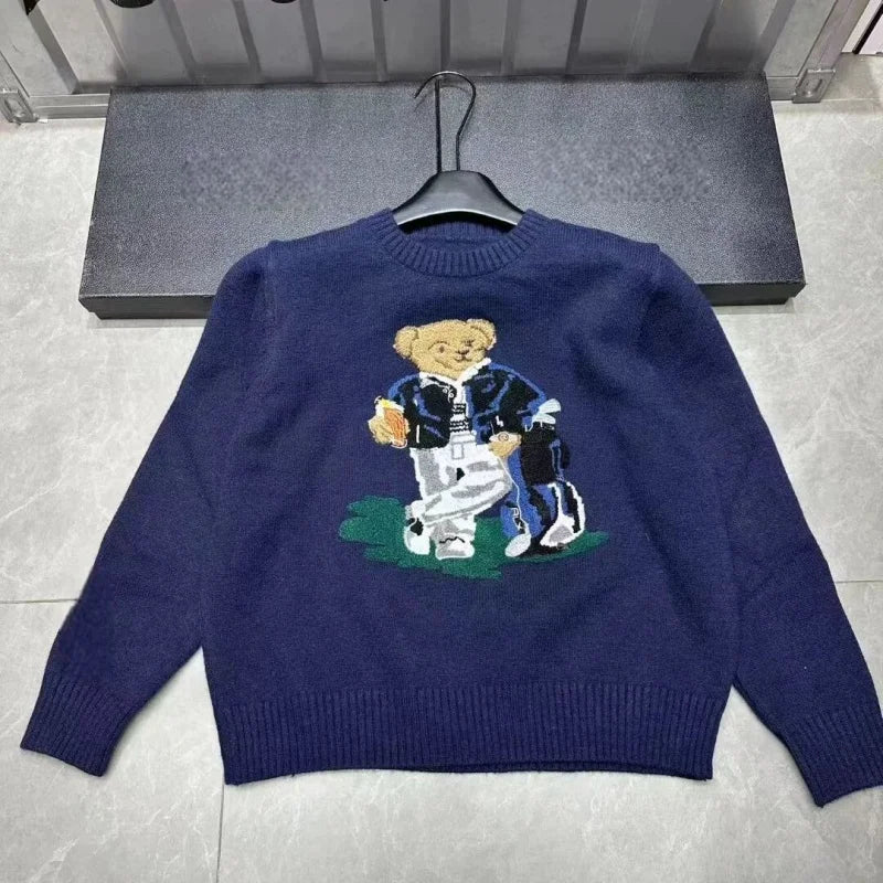Autumn Fashion Cartoon Embroidered Wool Jumpers Women Kawaii Bear  Cashmere Sweater Preppy Loose Long Sleeved Knitted Pullover