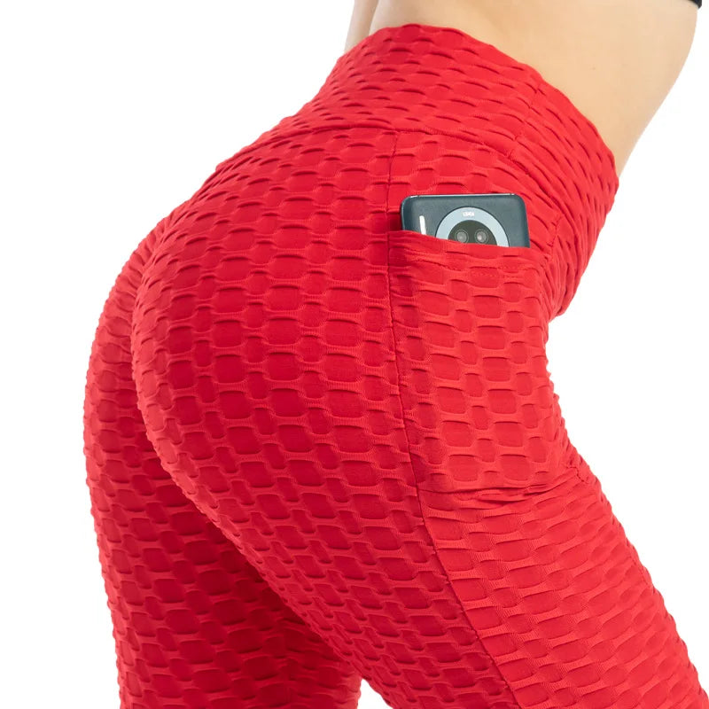 Leggings Women Fashion Pocket Bubble Pants Stretchy Slim Leggings Gym Running Cycling Fitness Pants High Waist Hip Lift Leggings Female