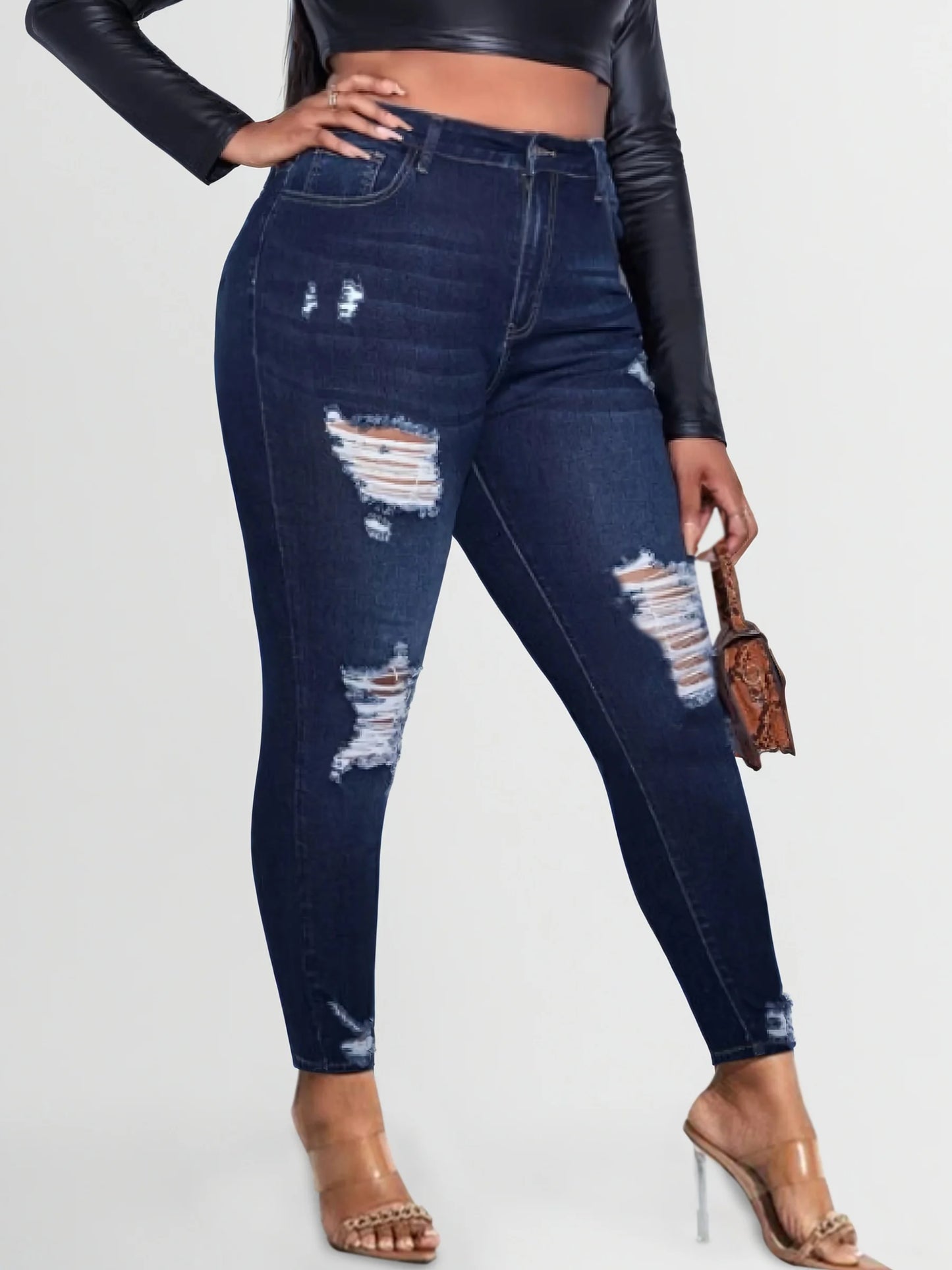 Women's plus size ripped jeans tight hip lifting